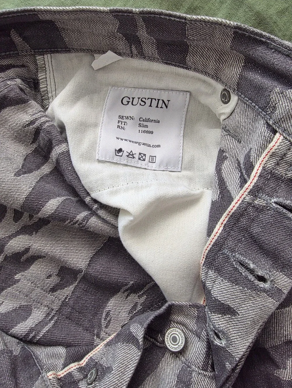 Gustin #595 Camo Selvedge Denim Jeans Slim 35 (Fits 32/33) USA